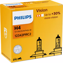 Philips Vision Type de lampe : H4, lot de : 2, lampe pour éclairage avant, 60 W, 12 V, H4, Halogène, 2 pièce(s)