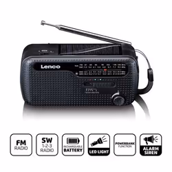 Lenco MCR-113BK - Radio durgence portable à manivelle lampe de poche et banque dalimentation en un seul appareil - Noir