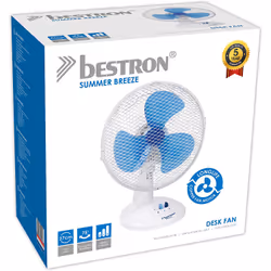 Bestron DDF27W, Ventilateur à lame domestique, Bleu, Blanc, Table, 27 cm, 75°, Boutons