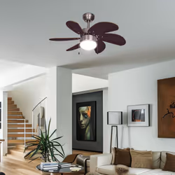 Description Ventilateur de plafond puissant et silencieux. Les pales du ventilateur de couleur marron foncé ainsi que l'éléme ...