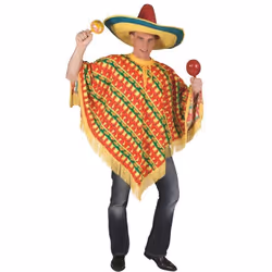 Poncho - GENERIQUE - Mexicain - Adulte - Rayures obliques - Motifs piments et sombreros