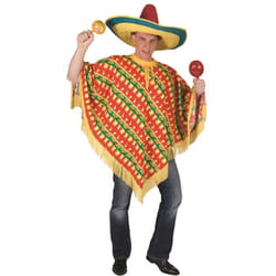 Poncho - GENERIQUE - Mexicain - Adulte - Rayures obliques - Motifs piments et sombreros