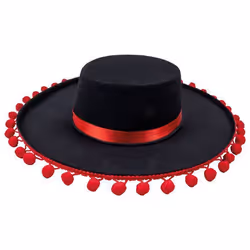 chapeau pour deguisement espagnol mexicain (noir à pompons rouge)