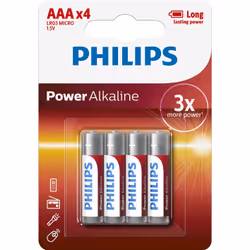 Philips Power Alkaline Batterie LR03P4B/10, Batterie à usage unique, Alcaline, 1,5 V, 4 pièce(s), 42 mm, 10 mm