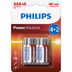 Philips Power Alkaline Batterie LR03P6BP/10, Batterie à usage unique, AAA, Alcaline, 1,5 V, 6 pièce(s), Blanc