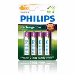 Philips Rechargeables Batterie R6B4RTU25/10, Batterie rechargeable, AA, Hybrides nickel-métal (NiMH), 1,2 V, 2500 mAh, Cd (ca ...