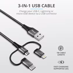 Trust 23572 câble USB 1 m USB 2.0 USB A USB C/Micro-USB B/Lightning Noir