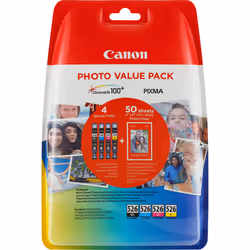 Canon Cartouche d'encre CLI-526 BK/C/M/Y + Pack économique de papiers photo, Rendement standard, 4 pièce(s), Multi pack