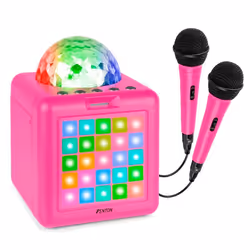 Fenton KAR15P Enceinte Karaoké Enfant Bluetooth sur Batterie avec 2 Micros - Rose Boule Disco & Façade LED
