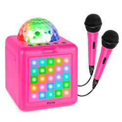 Fenton KAR15P Enceinte Karaoké Enfant Bluetooth sur Batterie avec 2 Micros - Rose Boule Disco & Façade LED