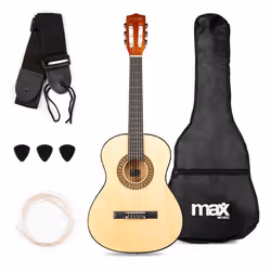 Max SoloArt Pack Guitare Classique Junior 3/4 - Bois Naturel Clair Cordes en Nylon 6 à 12 ans Sac de Transport