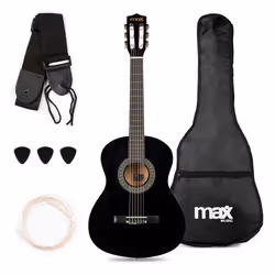 Max SoloArt Pack Guitare Classique Junior 3/4 - Noire Cordes en Nylon 6 à 12 ans Sac de Transport