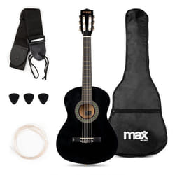 Max SoloArt Pack Guitare Classique Junior 3/4 - Noire Cordes en Nylon 6 à 12 ans Sac de Transport