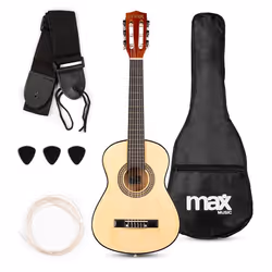 Max SoloArt Pack Guitare Classique Junior 1/4 - Bois Naturel Clair Cordes en Nylon 4 à 6 ans Sac de Transport