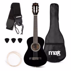 Max SoloArt Pack Guitare Classique Junior 1/4 - Noire Cordes en Nylon 4 à 6 ans Sac de Transport