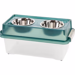Iris Ohyama Gamelle Surélevée avec Support Boite Plastique Vert Mangeoire pour Chien Chat Double Bol Rangement Croquette
