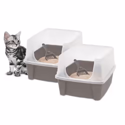 Iris Ohyama Lot de 2 Bac à litière avec côtés hauts pour chat - Cat Litter Box - CLH-12 Taupe