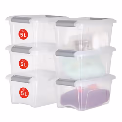 Iris Ohyama Lot de 6 Petites boîtes rangement plastique avec couvercles de 5L Transparent / Poignée Argenté L19.5 x P28 x