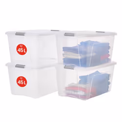 Iris Ohyama Lot de 4 grandes boîtes de rangement en plastique de 45L Transparent / Poignée Argenté L39 x P58 x H30 cm