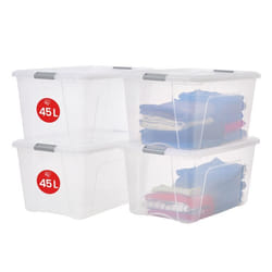 Iris Ohyama Lot de 4 grandes boîtes de rangement en plastique de 45L Transparent / Poignée Argenté L39 x P58 x H30 cm