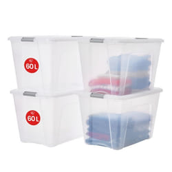 Iris Ohyama Lot de 4 grandes boîtes de rangement en plastique de 60L Transparent / Poignée Argenté L39.5 x P58 x H36.5 cm