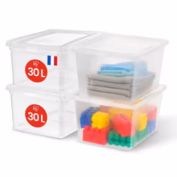 Iris Ohyama Boite de Rangement Plastique Multi-Usages 30L Lot de 4 Transparent Fermeture Facile Empilable pour Chambre...