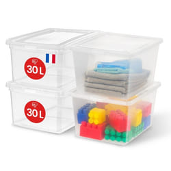 Iris Ohyama Boite de Rangement Plastique Multi-Usages 30L Lot de 4 Transparent Fermeture Facile Empilable pour Chambre...
