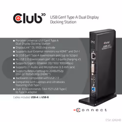CLUB3D USB Gen1 Type A Dual Display Docking Station - Vue supplémentaire 7