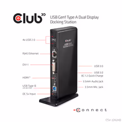 CLUB3D USB Gen1 Type A Dual Display Docking Station - Vue supplémentaire 8