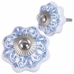 Bouton de porte  Ø 4*3 cm  Bleu  En céramique  Fleur  Boucles  Clayre & Eef  63417