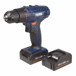 Ferm Perceuse sans fil Li-ion 12V 1.5Ah - 2 batteries, Perceuse à poignée pistolet, 1 cm, 1 mm, 350 tr/min, 1300 tr/min, 17 N ...