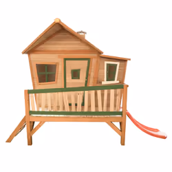 AXI Crooked Maison Emma Marron/vert - Toboggan Rouge, Salle de jeux sur pilotis, 2 an(s), 1 portes(s), Toboggan, Bois