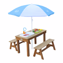 AXI Dennis Sand & Water Picnic table with play kitchen sink and benches Brown - Parasol Blue/White