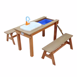 AXI Dennis Sand & Water Picnic table with play kitchen sink and benches Brown - Parasol Blue/White - Vue supplémentaire 10