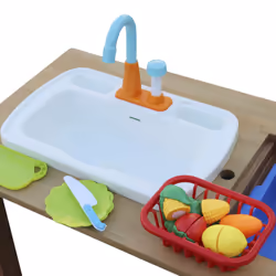 AXI Dennis Sand & Water Picnic table with play kitchen sink and benches Brown - Parasol Blue/White - Vue supplémentaire 11