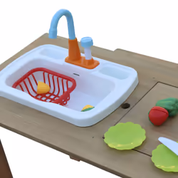 AXI Dennis Sand & Water Picnic table with play kitchen sink and benches Brown - Parasol Blue/White - Vue supplémentaire 12