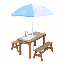 AXI Dennis Sand & Water Picnic table with play kitchen sink and benches Brown - Parasol Blue/White