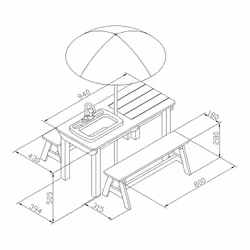 AXI Dennis Sand & Water Picnic table with play kitchen sink and benches Brown - Parasol Blue/White - Vue supplémentaire 20
