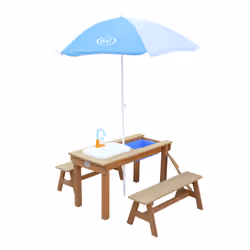 AXI Dennis Sand & Water Picnic table with play kitchen sink and benches Brown - Parasol Blue/White
