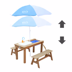 AXI Dennis Sand & Water Picnic table with play kitchen sink and benches Brown - Parasol Blue/White - Vue supplémentaire 4