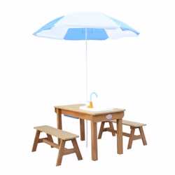 AXI Dennis Sand & Water Picnic table with play kitchen sink and benches Brown - Parasol Blue/White - Vue supplémentaire 5