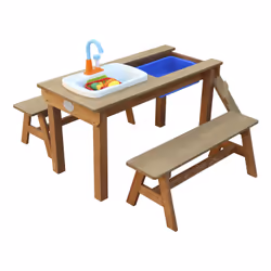 AXI Dennis Sand & Water Picnic table with play kitchen sink and benches Brown - Parasol Blue/White - Vue supplémentaire 7