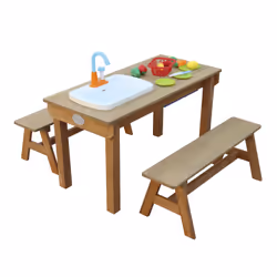 AXI Dennis Sand & Water Picnic table with play kitchen sink and benches Brown - Parasol Blue/White - Vue supplémentaire 8