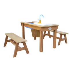 AXI Dennis Sand & Water Picnic table with play kitchen sink and benches Brown - Parasol Blue/White - Vue supplémentaire 9