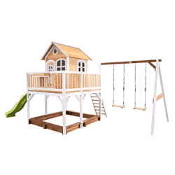 AXI Classic Liam Maisonnette, avec 2 balançoires marron/blanc - Toboggan Vert citron, Salle de jeux sur pilotis, 3 an(s), 1 p ...