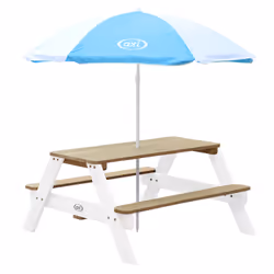 AXI Nick Table Picnic marron/blanc - avec Parasol bleu/ blanc, Extérieure, Marron, Blanc, Bois, Chine, CE, FSC 100%, unisexe
