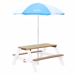 AXI Nick Table Picnic marron/blanc - avec Parasol bleu/ blanc