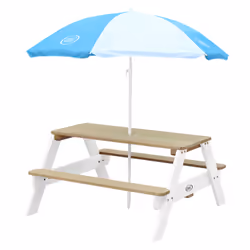 AXI Nick Table Picnic marron/blanc - avec Parasol bleu/ blanc
