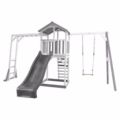 AXI Beach Tower with Climbing Frame and Single Swing Grey/white - Toboggan Gris, Salle de jeux sur pilotis, 3 an(s), Toboggan ...