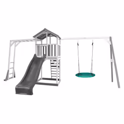AXI Beach Tower with Climbing Frame and Summer Nest Swing Grey/white - Toboggan Gris, Salle de jeux sur pilotis, 3 an(s), Tob ...